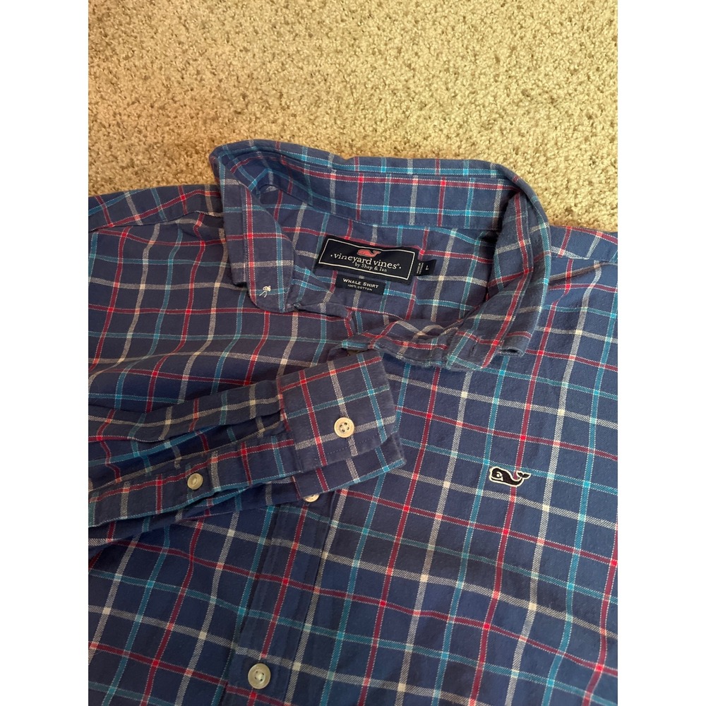 Vineyard Vines Men's Button Down Whale Shirt Large Blue Red Plaid Flannel Logo